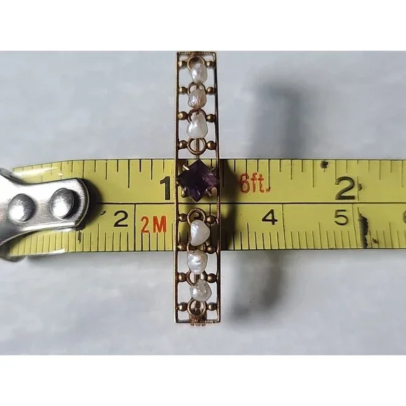 Antique 14K Yellow Gold Amethyst & Natural Pearl Bar Brooch - Picture 9 of 10